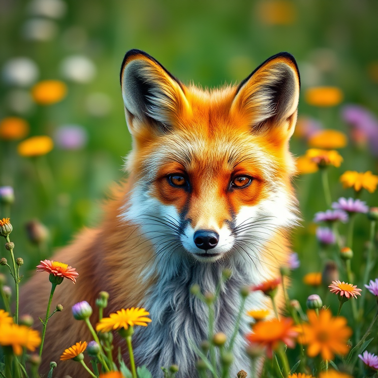 Create a hyper-realistic portrait of a red fox with vibrant orange fur and striking eyes, surrounded by a lush field of wildflowers, shot with a DSLR camera at f/1.8 aperture, ISO 200, 85mm lens, in soft natural lighting for enhanced detail and texture.