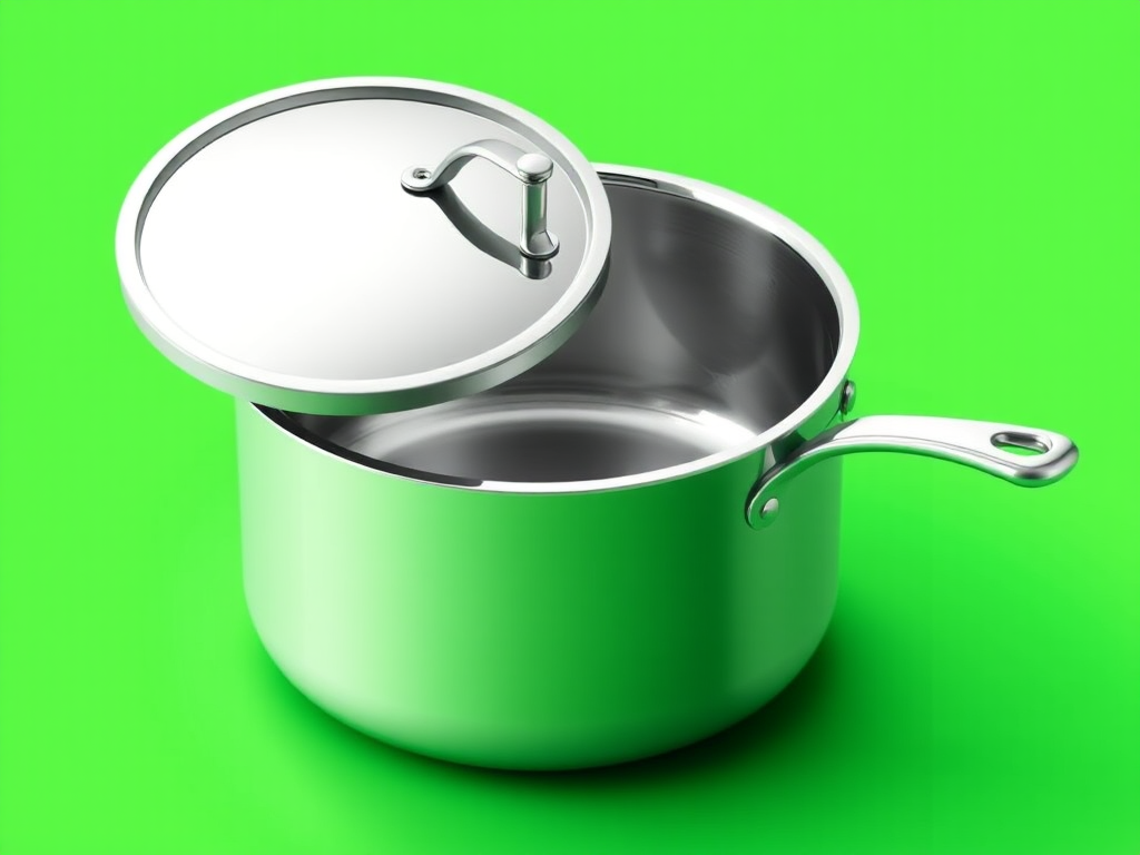 Generate a high-quality digital illustration of a stainless steel cooking pot with a shiny surface and a lid, set against a bright green background, using an isometric view, with 4K resolution, soft lighting, and a sharp focus typical of a DSLR camera with a 50mm lens at f/2.8 aperture.