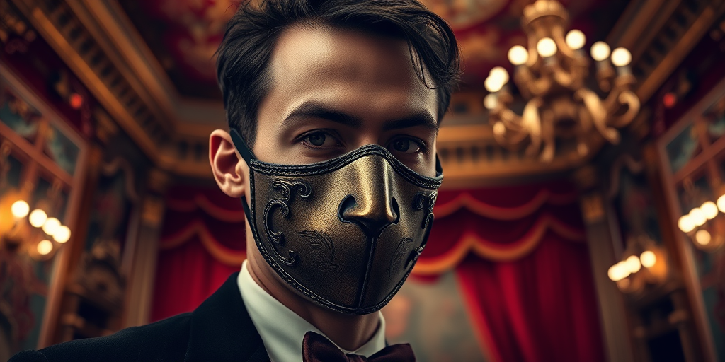 Create a dramatic portrait of a man in a half-mask, showcasing intricate details on the mask and a rich, vintage theater backdrop with ornate decorations, using a Canon EOS R5, 50mm lens, f/1.4 aperture, ISO 100, and natural lighting to capture a high dynamic range and sharp focus on the subject.