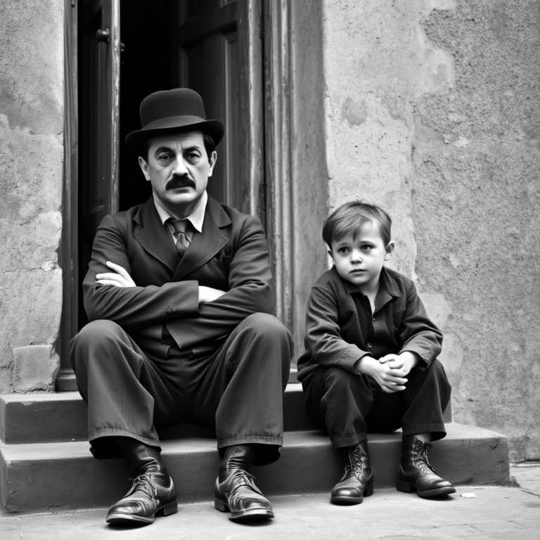 A black-and-white photograph of a man and a child sitting on steps in front of a doorway. The man is dressed as a tramp with a bowler hat, mustache, and ragged clothes, reminiscent of Charlie Chaplin's iconic look. He is sitting with his arms crossed and an expression of slight sadness or frustration. Next to him is a young boy, also in worn clothes and a cap, sitting with his hands clasped, looking thoughtful. The background is an old, textured wall and a partially open door, creating a vintage, early 20th-century atmosphere.