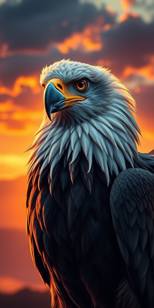 Create a high-resolution digital painting of a griffin with detailed feathers and sharp features, set against a dramatic sunset background, using a Canon EOS R5 with a 24-70mm f/2.8 lens, aperture set to f/8, shutter speed 1/250 sec, and ISO 100 for enhanced clarity and depth of field.