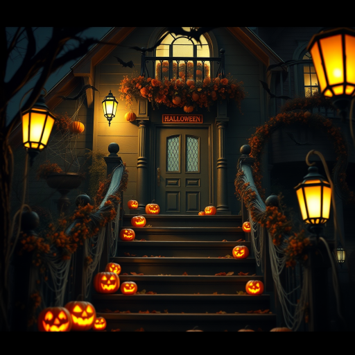 airbrushed oil painting, halloween theme, a haunted house, stairs, highly decorated, illuminated, lanterns, jack o'lantern, bats, webcobs