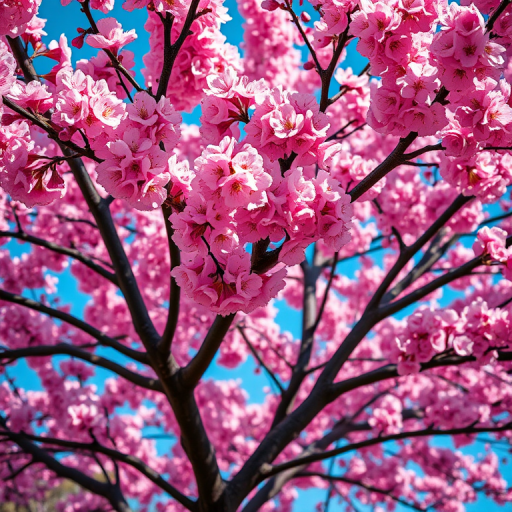 A vibrant cherry blossom tree in full bloom captured with a Canon EOS 5D Mark IV at f/4, ISO 100, 1/200 sec, 50mm lens, shot from a low angle to emphasize height and detail, vivid colors and sharp focus.