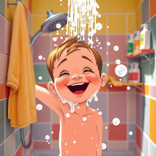 Create a bright and vibrant illustration of a young boy happily taking a shower, with water splashing and soap bubbles, set in a colorful bathroom with a showerhead, soft towel hanging, and some shampoo bottles on a shelf, using a Canon EOS 5D Mark IV camera, 50mm lens, f/8 aperture, ISO 200, and natural light for enhanced image quality.