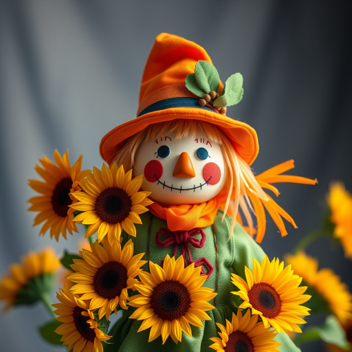 Create a high-resolution image of a colorful scarecrow doll wearing a bright orange hat and a green dress with sunflowers, captured with a DSLR camera at f/2.8, ISO 100, shutter speed 1/250s, in a well-lit studio setting with a soft-focus background.