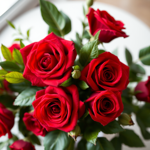 floral arrangement with vibrant red roses and green leaves, soft focus, f/2.8 aperture, 50mm lens, natural lighting, DSLR camera, overhead view