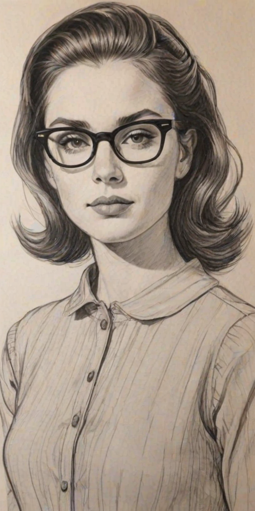 Superb Kaitlyn Maher, pencil sketch, portrait of Charming woman 1965s in glasses, hair style beatnik, outline, clear lines, fine lines, 8k
