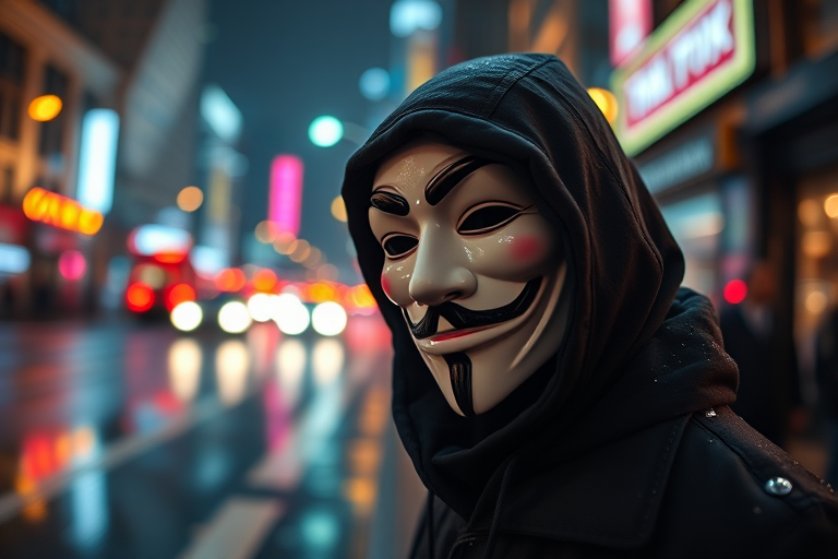 Create a high-resolution image of a figure wearing a Guy Fawkes mask in a neon-lit rainy cityscape at night with blurred city lights in the background, using a DSLR camera with a 50mm lens, aperture f/1.8, ISO 400, and a shallow depth of field to enhance detail and contrast.