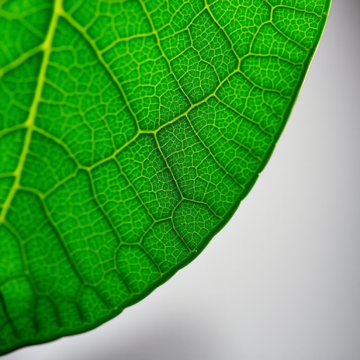 Capture a close-up of a green leaf with intricate textures and details, using a DSLR camera with a 50mm lens, aperture set to f/4 for shallow depth of field, ISO 100 for optimal light quality, and soft natural lighting to enhance the vibrancy of the leaf against a blurred neutral background.