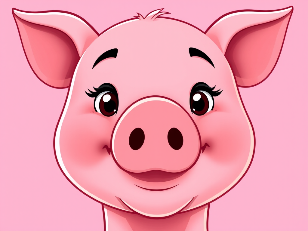 Create a high-resolution cartoon image of a cute pink pig face, shot with a DSLR camera at f/5.6 aperture, ISO 100, 50mm lens, front view, vibrant colors, smooth vector style.