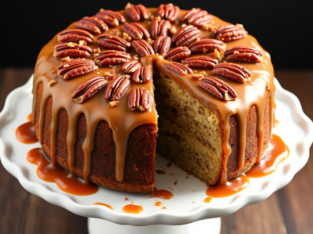 A beautifully decorated round cake with a rich caramel glaze and topped with toasted pecans, partially sliced to reveal its moist interior, placed on a white cake stand with a dark background.