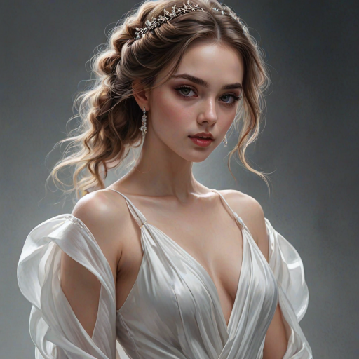 digital painting,  digital illustration,  stunning girl, make up , white silk dress extreme detail,  digital art,  4k,  ultra hd
