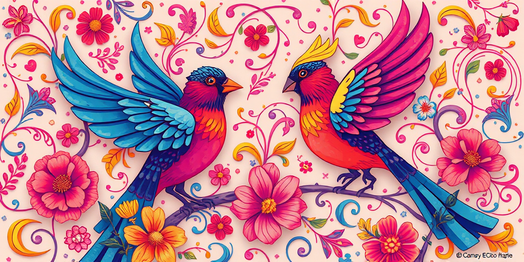 Create a vibrant and intricate illustration of stylized birds and floral patterns with swirling lines and golden accents, high-resolution, shot with a Canon EOS R5 at f/8, ISO 100, 50mm lens, soft lighting and vivid colors.