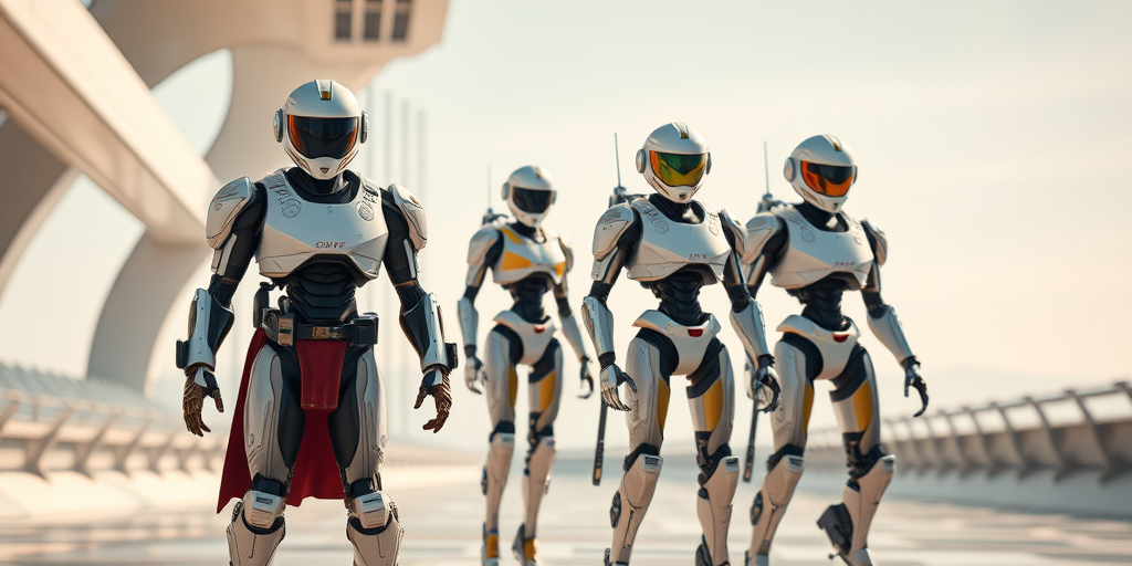Create a futuristic scene featuring four diverse humanoid characters with advanced technology, standing in a dynamic pose, captured with a DSLR camera at f/2.8, ISO 100, 50mm lens, using a wide-angle view and soft natural lighting for enhanced vibrancy.