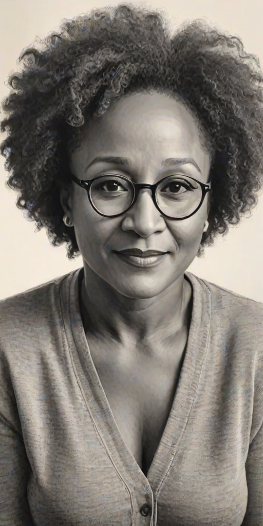 Bewitching Wanda Sykes, pencil sketch, portrait of Superb woman 1926s in glasses, hair style beatnik, outline, clear lines, fine lines, 8k