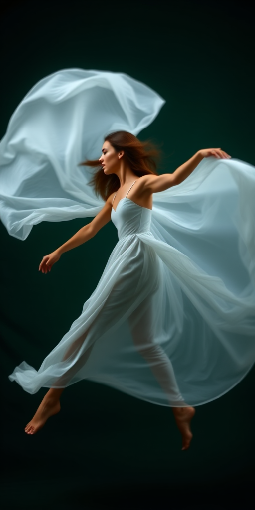 Create a high-quality image of a woman in a flowing white dress caught in motion, set against a dark green background, using a DSLR camera with a 50mm lens, f/1.8 aperture, ISO 100, and a shutter speed of 1/200s, with a slight low-angle view to emphasize the dress's movement and a soft focus effect to enhance the dreamy atmosphere.
