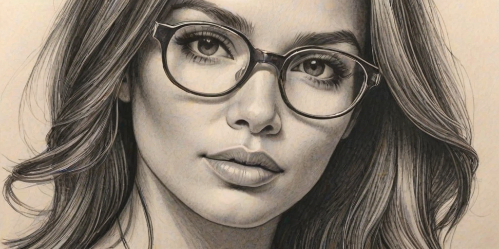 Magnificent Nadine Velazquez, pencil sketch, portrait of Alluring woman 1967s in glasses, hair style beatnik, outline, clear lines, fine lines, 8k