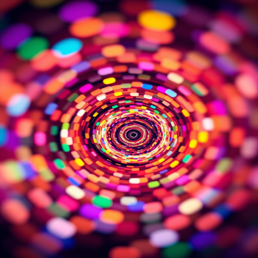 high-resolution digital artwork of a swirling vortex of colorful circles, depth of field effect, taken with a DSLR camera at f/2.8, ISO 100, 24mm lens, top-down view, soft lighting, vibrant colors, high contrast