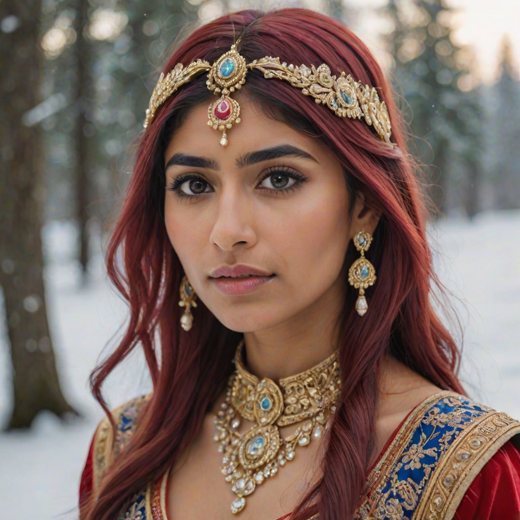mia khalifa with long, flowing red hair, wearing a traditional, ornate red and blue costume with gold accents and intricate embroidery, stands facing the viewer in a close-up portrait. Her hair is styled in a high ponytail and adorned with a pair of golden, winged hairpieces. She wears gold earrings and her makeup is accented with light pink blush and a bright red lip. She has a soft and slightly melancholic expression, with her eyes looking directly at the camera. The background is a blurred, out-of-focus snowy landscape, with the woman in the foreground. The lighting is soft and natural, creating a warm, intimate atmosphere. The image is composed using a shallow depth of field, with the woman as the main focal point. The overall style is elegant, delicate, and fairytale-like.