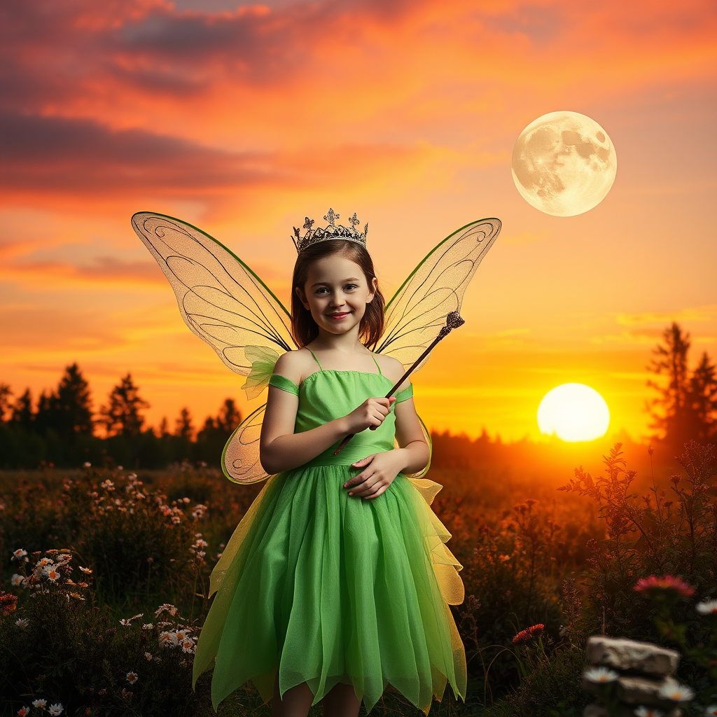 A vivid photo  taken under a bright camera flash of a fantastical scene set against a backdrop of a forest during sunset. The main subject is a girl dressed as a fairy, adorned with translucent wings and a green dress, holding a wand, her face is happy, and she wears a crown on her head. The forest behind her is a blend of flowers, shrubs and trees. The sky is painted in hues of orange and pink, with a large, glowing moon casting a warm glow over the scene. The overall color palette is dominated by earthy tones.