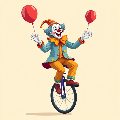 Create an illustration of a clown juggling while riding a unicycle, captured with a Canon EOS R5 at f/4, ISO 100, 50mm lens, in a bright, colorful style with a minimalist background, focusing on vibrant colors and playful expressions.