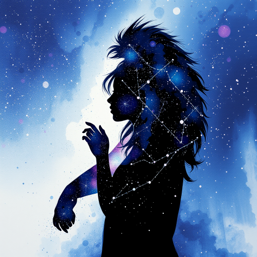 Captivating conceptual render alcohol ink art, double exposure, the paint strokes artfully merge combining a woman's full silhouette with a Lazy panda's silhouette. The figures are composed of a series of colored dots, lines & spots that evoke the image of a cosmic galaxy, colors are deep shades of blue purple & black with flashes of white & silver representing distant stars. The woman's silhouette is formed within the lion's silhouette from constellations of scattered stars, surreal