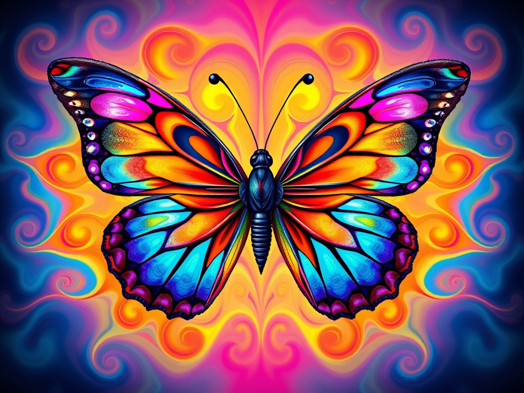Create a vibrant, multicolored butterfly design with intricate patterns and swirling shapes, shot with a DSLR camera at f/2.8 aperture, 50mm lens, and in a high-resolution studio lighting setup.