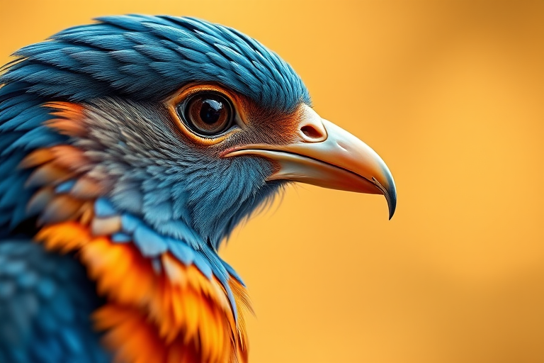 Create a high-resolution close-up image of a mythical bird with vibrant blue and orange feathers, sharp eye details, and a blurred golden background using a Canon EOS R5, 85mm f/1.4 lens, aperture f/2.8, ISO 100, and a soft bokeh effect.