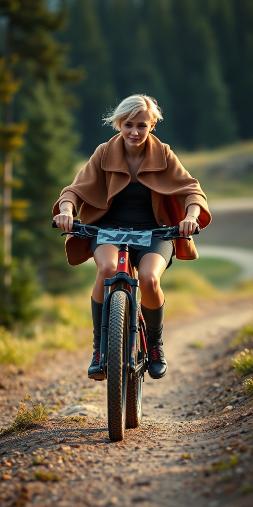 a beautiful woman,Buzz cut,Light blond hair,dressed in a chic cape coat over a bodycon dress and knee-high boots,Ride a mountain bike through a challenging downhill course,bokeh professional 4k highly detailed,Fujichrome Provia 100F,rim light