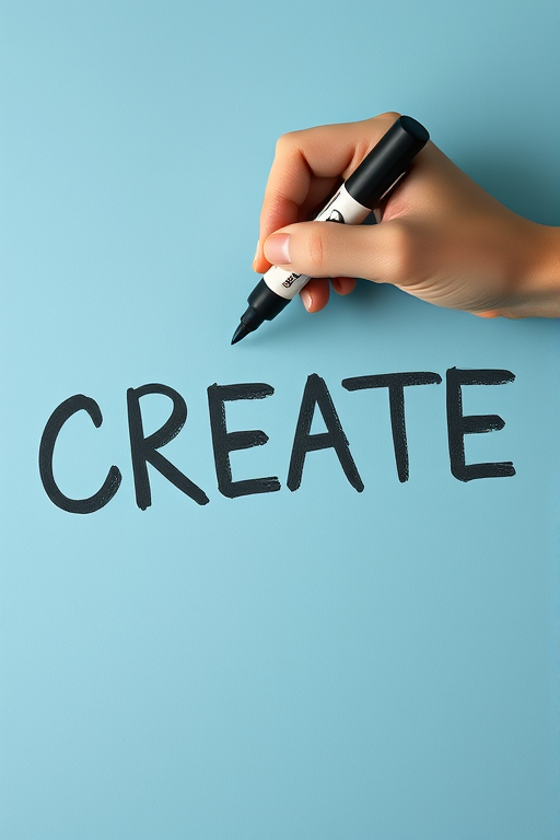 Create a hand holding a black marker writing the word CREATE in bold chalk-like letters on a smooth light blue surface, captured with a DSLR camera at f/2.8, ISO 100, and 50mm focal length from a slightly overhead angle for depth and clarity.