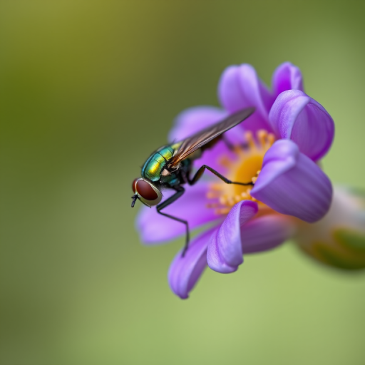 Close-up of a green fly perched on a purple flower petal, shallow depth of field, 100mm macro lens, f/2.8 aperture, ISO 200, natural light, soft bokeh background.