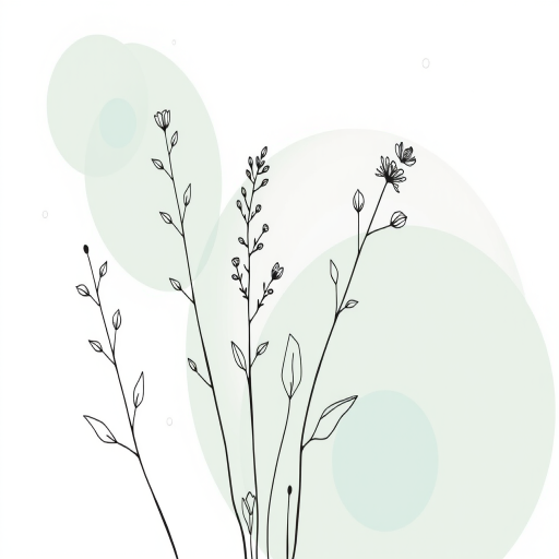 regenerate a minimalist floral illustration with delicate black line drawings of plants on a soft textured background, enhance with pastel circular shapes in mint green and light blue, use a high-quality digital camera, aperture f/5.6, ISO 200, 50mm lens, soft natural lighting for a clean and elegant look