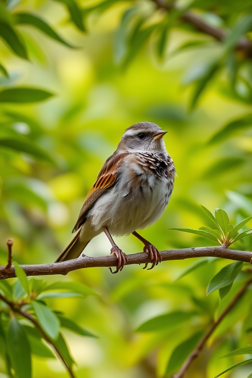 Generate an image of a sparrow perched on a branch surrounded by lush green foliage.