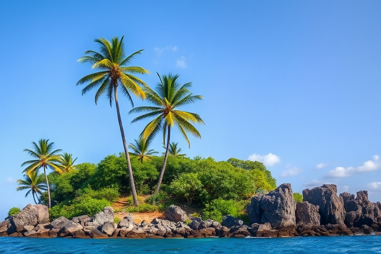 tropical island scene with three tall palm trees surrounded by lush greenery and rocky terrain, captured with a DSLR camera at f/8 aperture, ISO 100, 50mm lens, using a wide-angle view for depth and clarity, bright natural lighting to enhance colors.