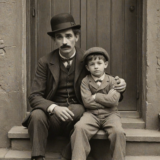A black-and-white photograph of a man and a child sitting on steps in front of a doorway. The man is dressed as a tramp with a bowler hat, mustache, and ragged clothes, reminiscent of Charlie Chaplin's iconic look. He is sitting with his arms crossed and an expression of slight sadness or frustration. Next to him is a young boy, also in worn clothes and a cap, sitting with his hands clasped, looking thoughtful. The background is an old, textured wall and a partially open door, creating a vintage, early 20th-century atmosphere.