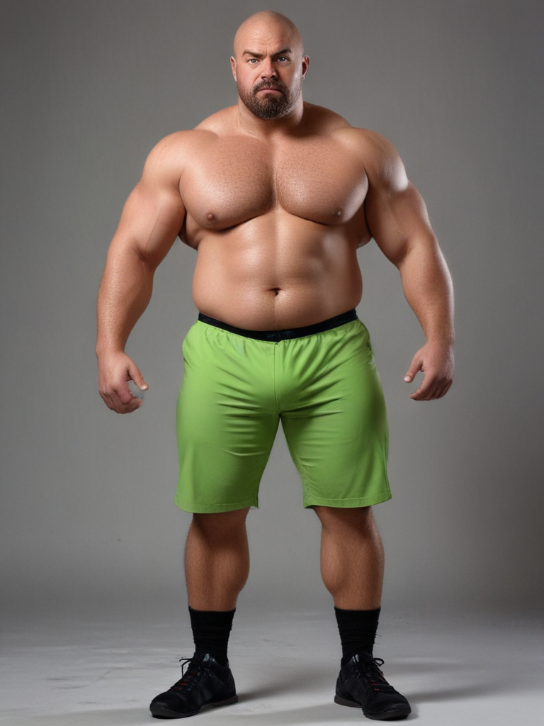 Ai Image Generator - Ai Art Generator - High Quality and 100% Unique Images  - iPic.Ai Bald, huge muscular overweight strongman black man in black  socks, angry eyes, fullbody, green spandex pants,