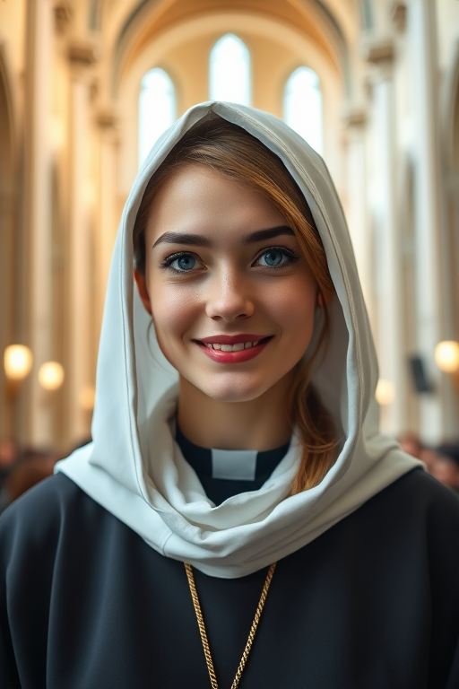 Create a high-resolution image of a young woman with blue eyes and a smile, wearing a hooded religious outfit, in a grand cathedral setting with soft lighting, using a Canon EOS R5, f/1.8 aperture, 35mm lens, ISO 200, shot from eye level for a natural perspective.