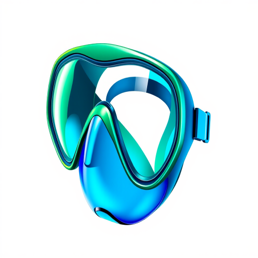 Create a high-resolution digital illustration of a snorkel mask with vibrant green and blue colors, using a DSLR camera with a 50mm lens, aperture set to f/5.6, ISO 100, natural lighting, and a clean white background for enhanced clarity and detail.