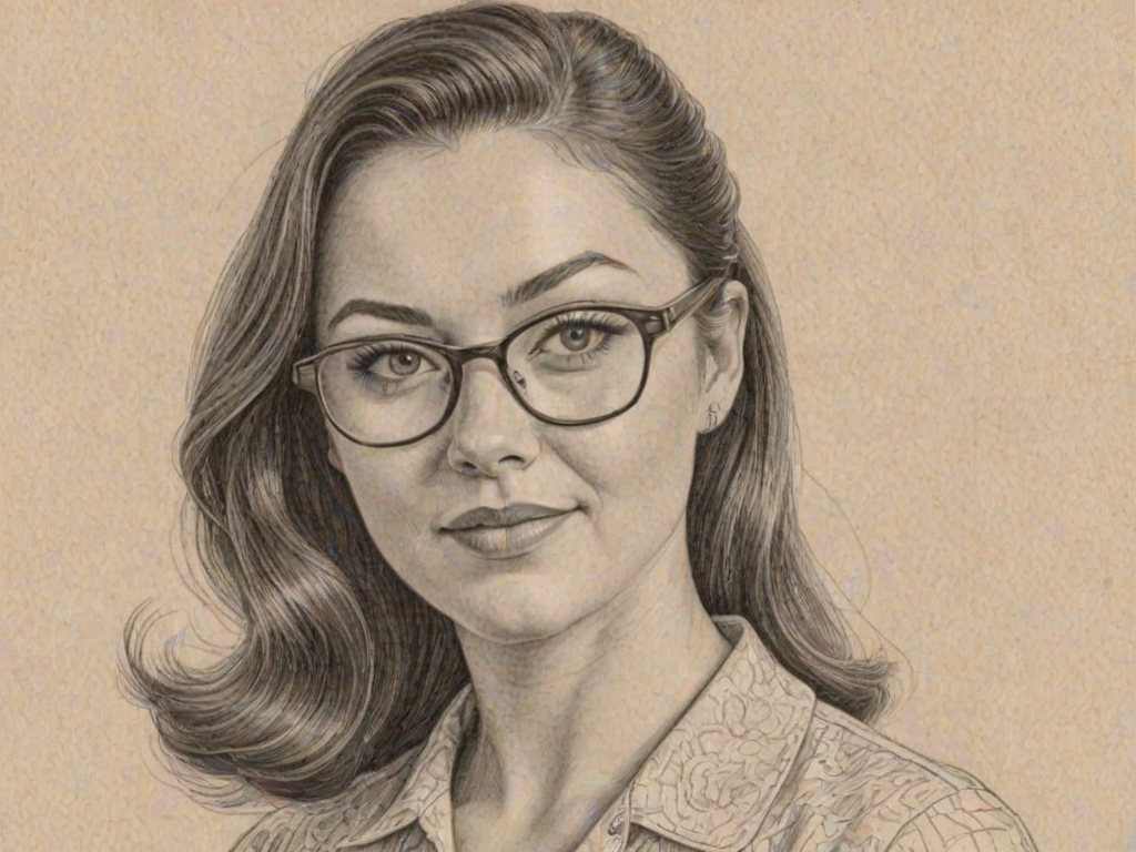 Appealing Lacey Turner, pencil sketch, portrait of Exquisite woman 1955s in glasses, hair style beatnik, outline, clear lines, fine lines, 8k