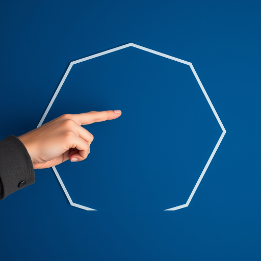 Create an image of a hand pointing towards a blank hexagonal space on a dark blue background, use a DSLR camera with a 50mm lens, aperture set to f/2.8, ISO 100, shot from eye level with natural lighting for enhanced clarity and depth.
