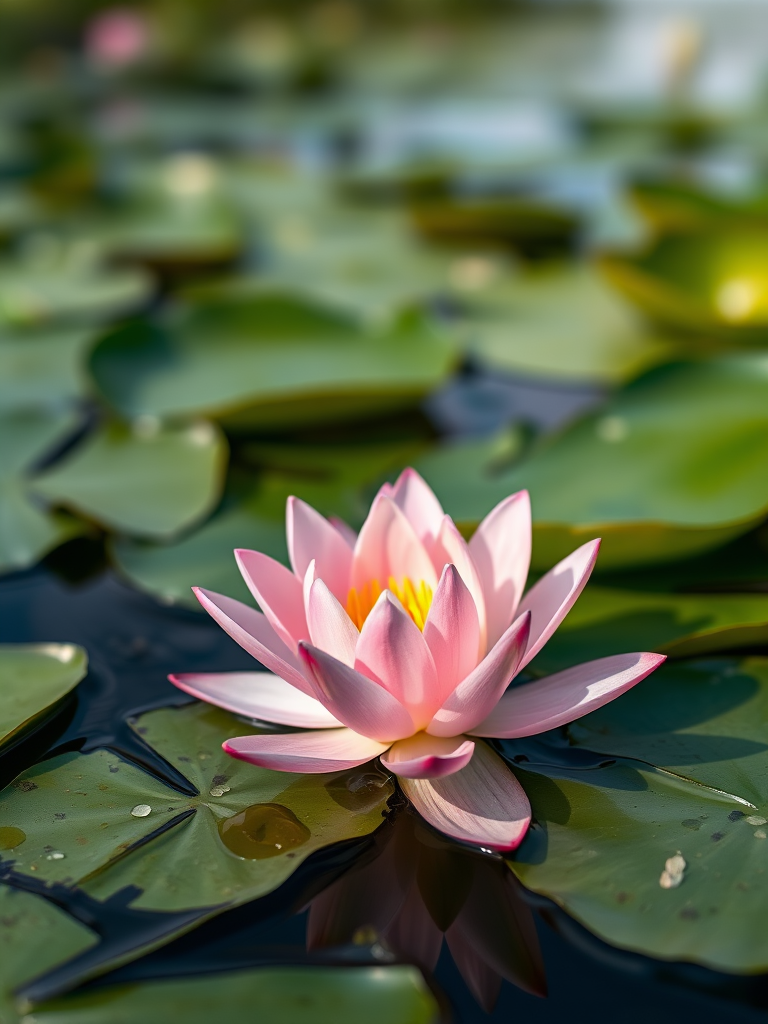 Close-up of a pink water lily surrounded by green lily pads on calm water, shallow depth of field, aperture f/2.8, ISO 100, focal length 85mm, DSLR camera, natural lighting, soft focus background.