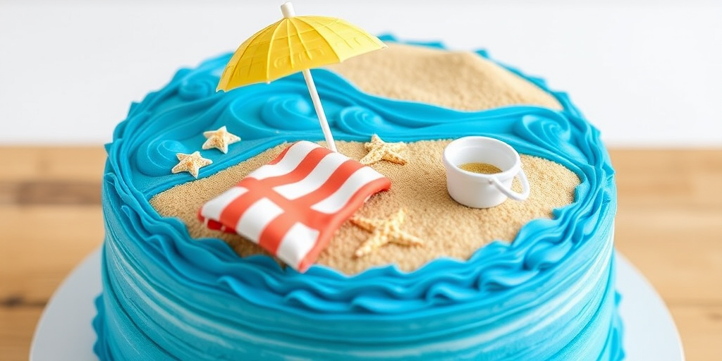 Create an image of a beach-themed cake with layers of blue frosting resembling ocean waves a sandy beach on top decorated with a small umbrella beach towel and a bucket add a starfish decoration and a number nine on the cake