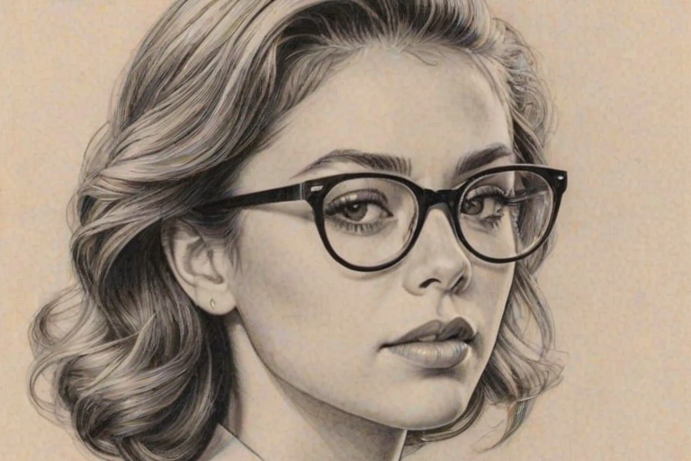 Captivating Sarah Hyland, pencil sketch, portrait of Exquisite woman 1937s in glasses, hair style beatnik, outline, clear lines, fine lines, 8k