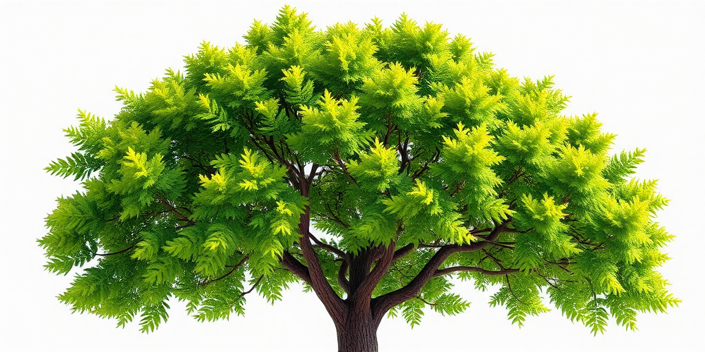 Generate a highly detailed, realistic 3D rendered image of a tree with vibrant green foliage against a transparent background, using a DSLR camera type with a 50mm lens at f/2.8 aperture, ISO 100, and a soft natural light setting to enhance image quality and depth.