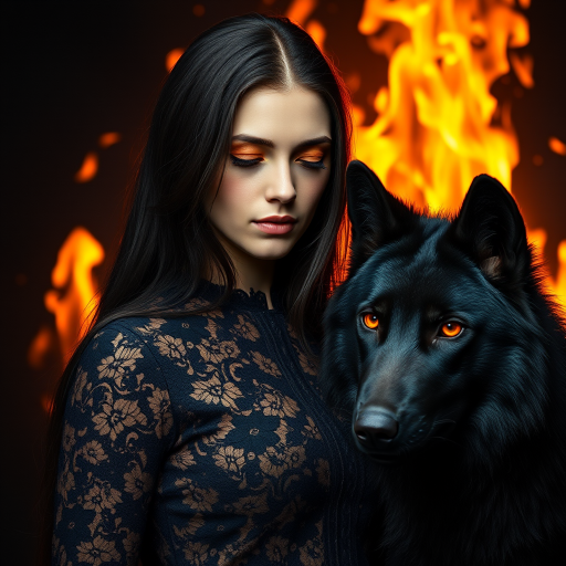 A woman with long dark hair, wearing a black lace dress that seamlessly blends into her skin with intricate floral patterns. She is in the foreground, with a black wolf beside her; its fur is midnight black, and it has glowing, intense, orange eyes that match hers. Her eyes are partially closed with burning embers above them, giving a fiery and mystical aura. The background is engulfed in tall, roaring flames, contributing to an overall dark and supernatural atmosphere. The colors are intense, predominantly black, fiery orange, and deep reds, with sharp contrast highlighting the mysterious and fierce theme. The flames are bright and dynamic, casting dramatic light and shadow, illuminating the woman and wolf while leaving parts in near darkness. The image evokes a sense of otherworldly power and connection between the woman and the wolf.
