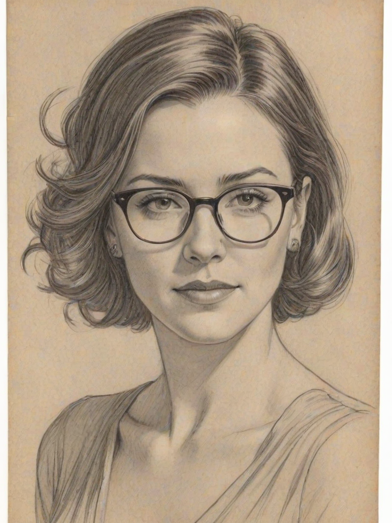 Appealing Christa Miller, pencil sketch, portrait of Stunning woman 1937s in glasses, hair style beatnik, outline, clear lines, fine lines, 8k