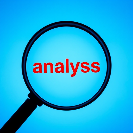 Create an image of a magnifying glass focusing on the word "analysis" in bold red letters, with a smooth gradient blue background, captured with a DSLR camera at f/4, ISO 100, 50mm lens, shot from an eye-level angle in a high-resolution style.