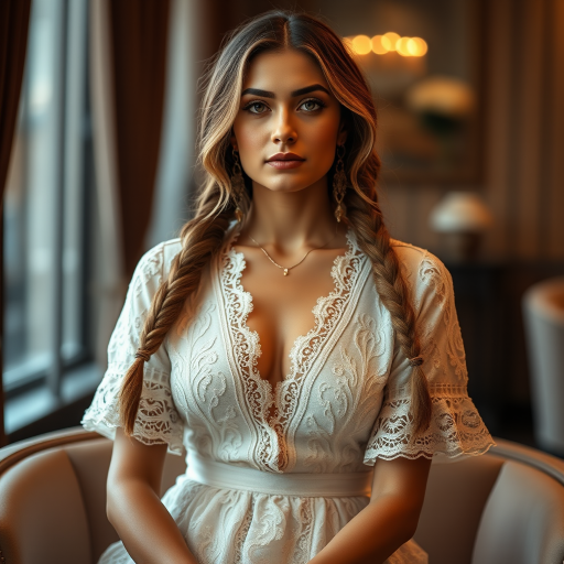 Create a portrait of a refined and elegant Tajik woman seated in a sophisticated setting. She has long, wavy hair styled in two thick braids that are pulled over her shoulders. She wears a white, lace gown with intricate patterns, featuring a deep V-neckline and short sleeves. The dress exudes a vintage charm with its delicate lacework. She is adorned with ornate, dangling earrings that add a touch of glamour to her appearance. The background is softly lit, with warm, ambient lighting that creates a cozy and inviting atmosphere. Her expression is poised and serene, capturing a sense of grace and elegance.