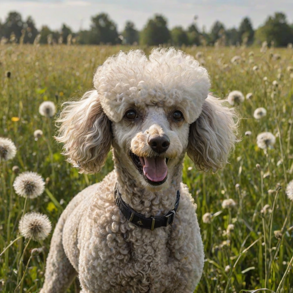 An expressive image of a poodle dog in a comedic situation where it appears to be sneezing. The dog's eyes are squeezed shut, and its ears flap as the force of the sneeze is illustrated. Mouth slightly open, visible sneeze particles flying in the air. In the background, a lush green field full of seed head dandelions.