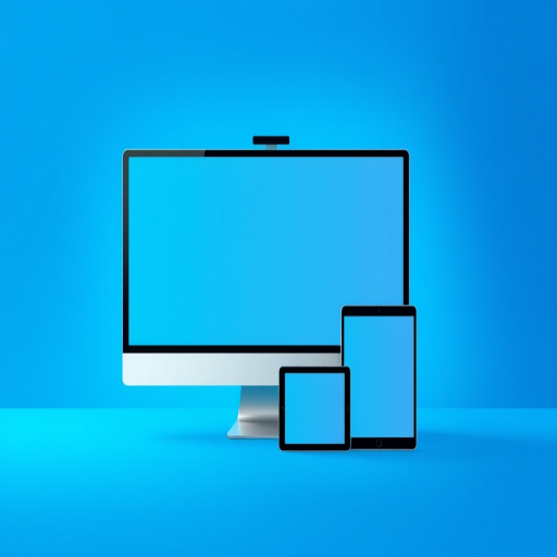 Create a digital illustration of multiple devices including a large monitor, tablet, and smartphone on a gradient blue background with a focus on minimalistic design, use a Canon EOS R5 camera with 50mm lens, f/2.8 aperture, ISO 100, and shot in natural light for enhanced clarity and sharpness.